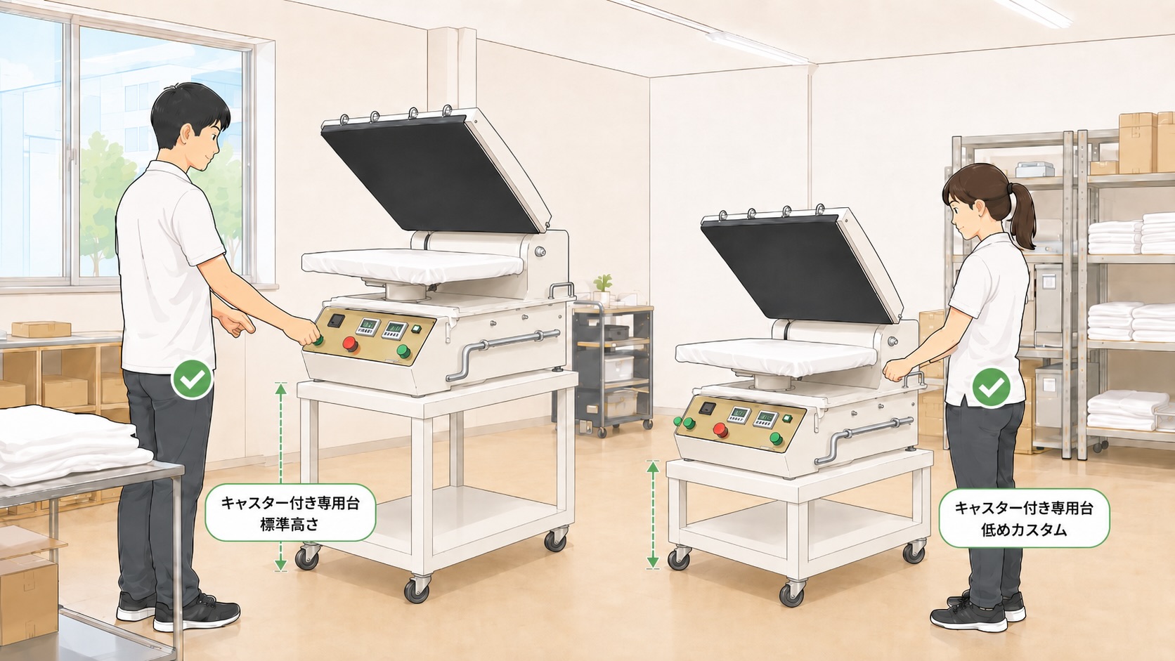 【イメージ】専用台の高さ調整事例:身長の異なる作業者がキャスター付き専用台(標準高さ/低めカスタム)の転写プレス機で同じ自然な姿勢で作業している様子